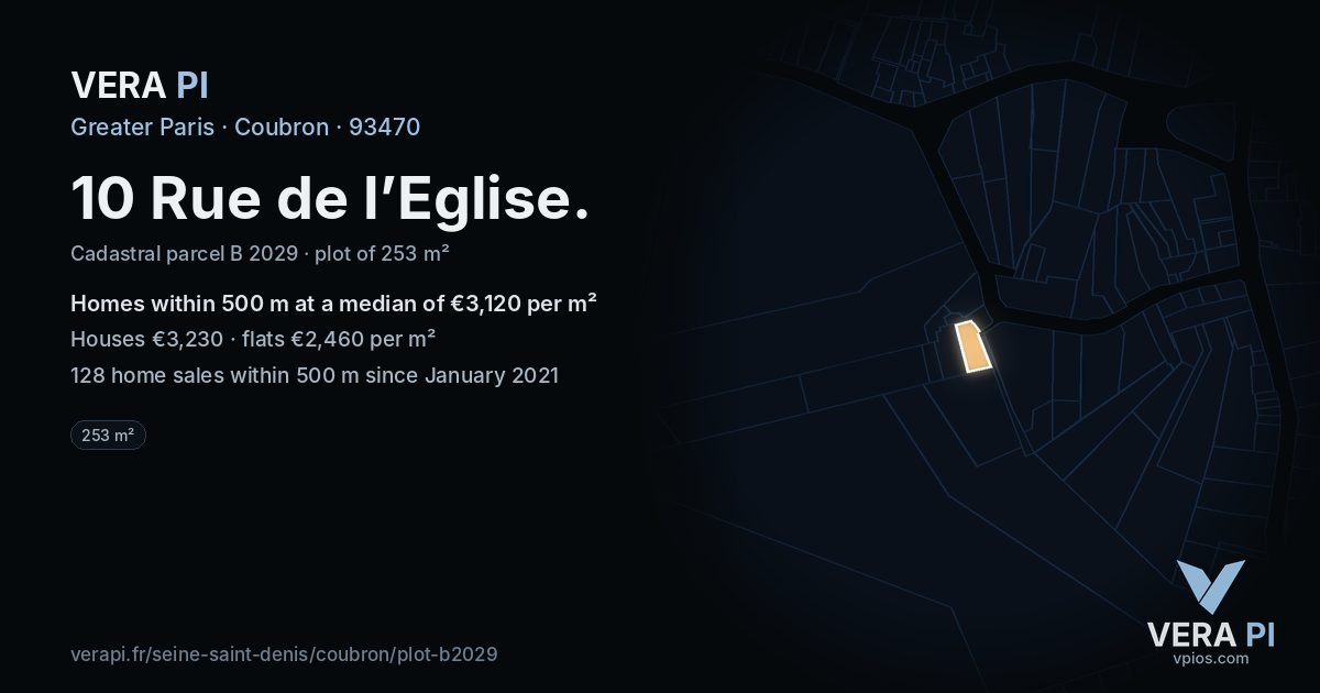 10 Rue de l’Eglise, Coubron at night – the plot lit, the parcels around coloured by the prices near them