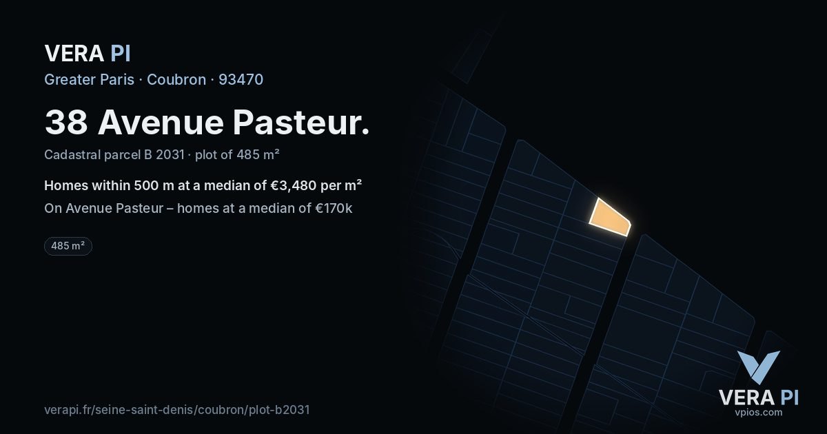 38 Avenue Pasteur, Coubron at night – the plot lit, the parcels around coloured by the prices near them