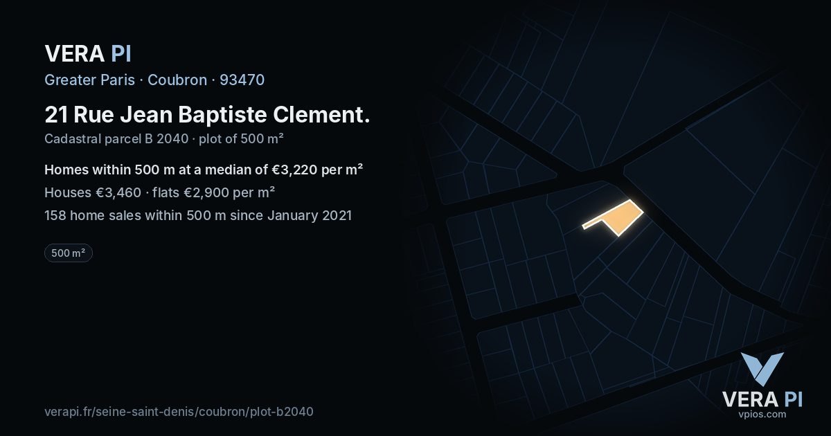 21 Rue Jean Baptiste Clement, Coubron at night – the plot lit, the parcels around coloured by the prices near them