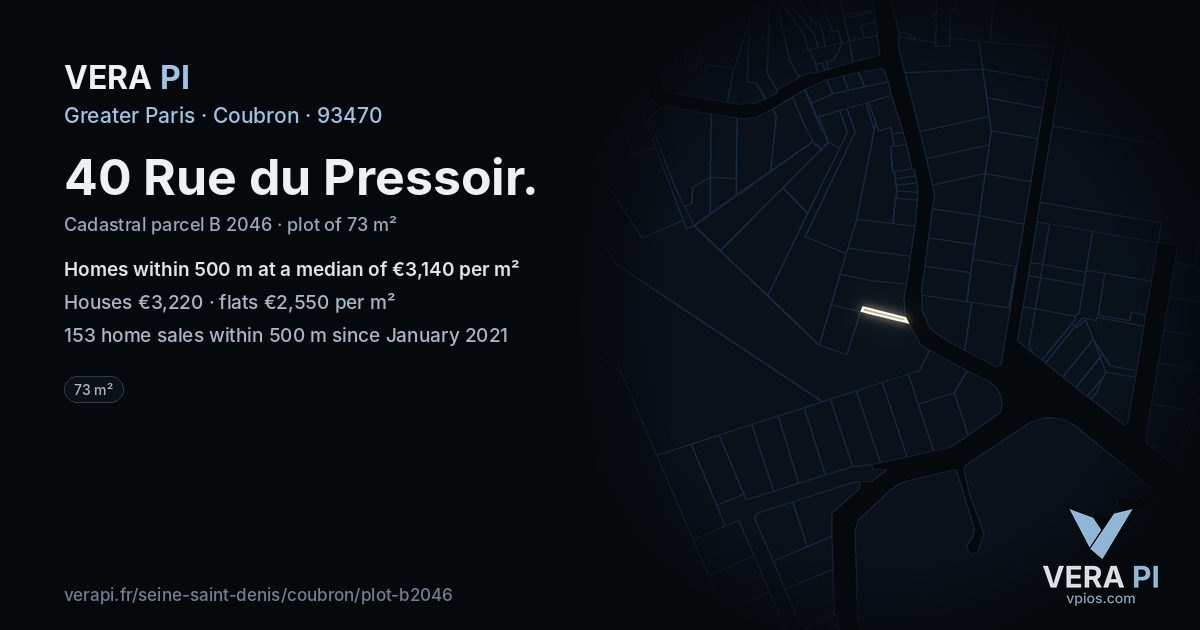 40 Rue du Pressoir, Coubron at night – the plot lit, the parcels around coloured by the prices near them