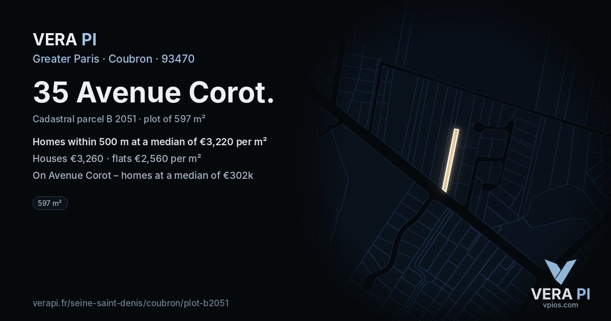 35 Avenue Corot, Coubron at night – the plot lit, the parcels around coloured by the prices near them