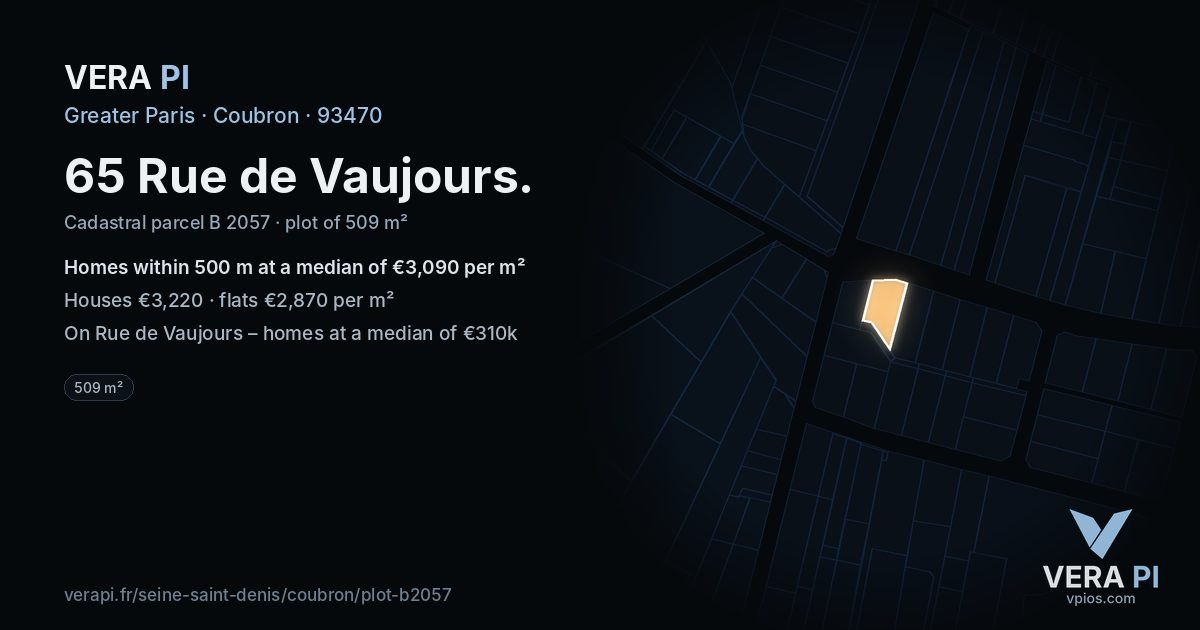 65 Rue de Vaujours, Coubron at night – the plot lit, the parcels around coloured by the prices near them