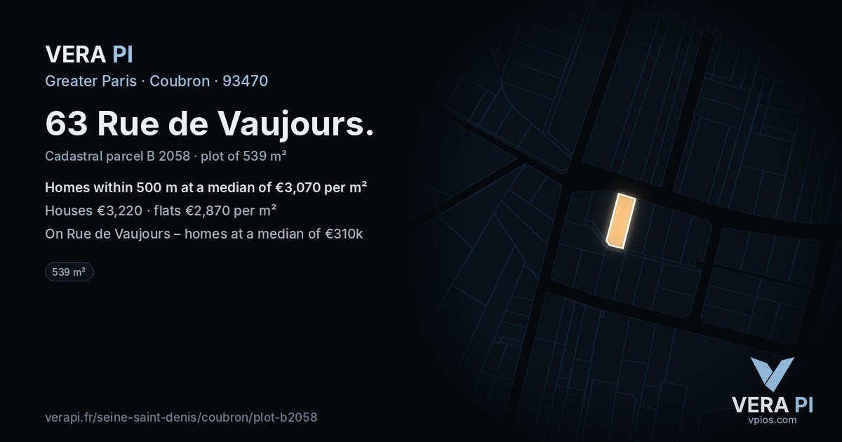 63 Rue de Vaujours, Coubron at night – the plot lit, the parcels around coloured by the prices near them