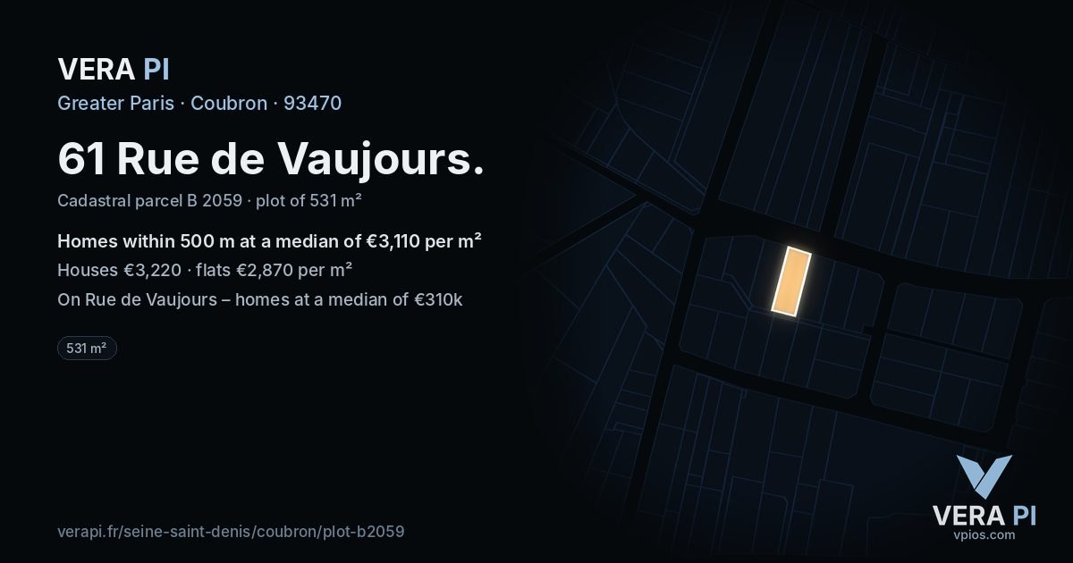 61 Rue de Vaujours, Coubron at night – the plot lit, the parcels around coloured by the prices near them