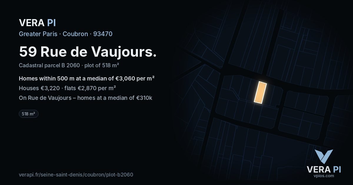 59 Rue de Vaujours, Coubron at night – the plot lit, the parcels around coloured by the prices near them