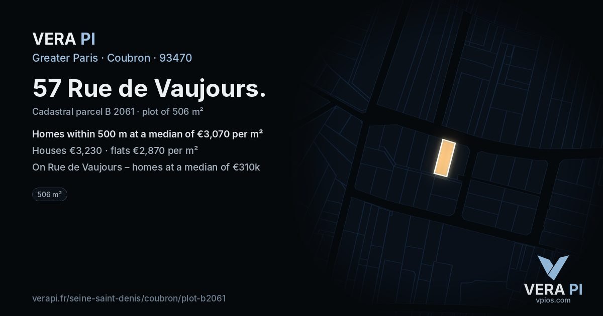 57 Rue de Vaujours, Coubron at night – the plot lit, the parcels around coloured by the prices near them