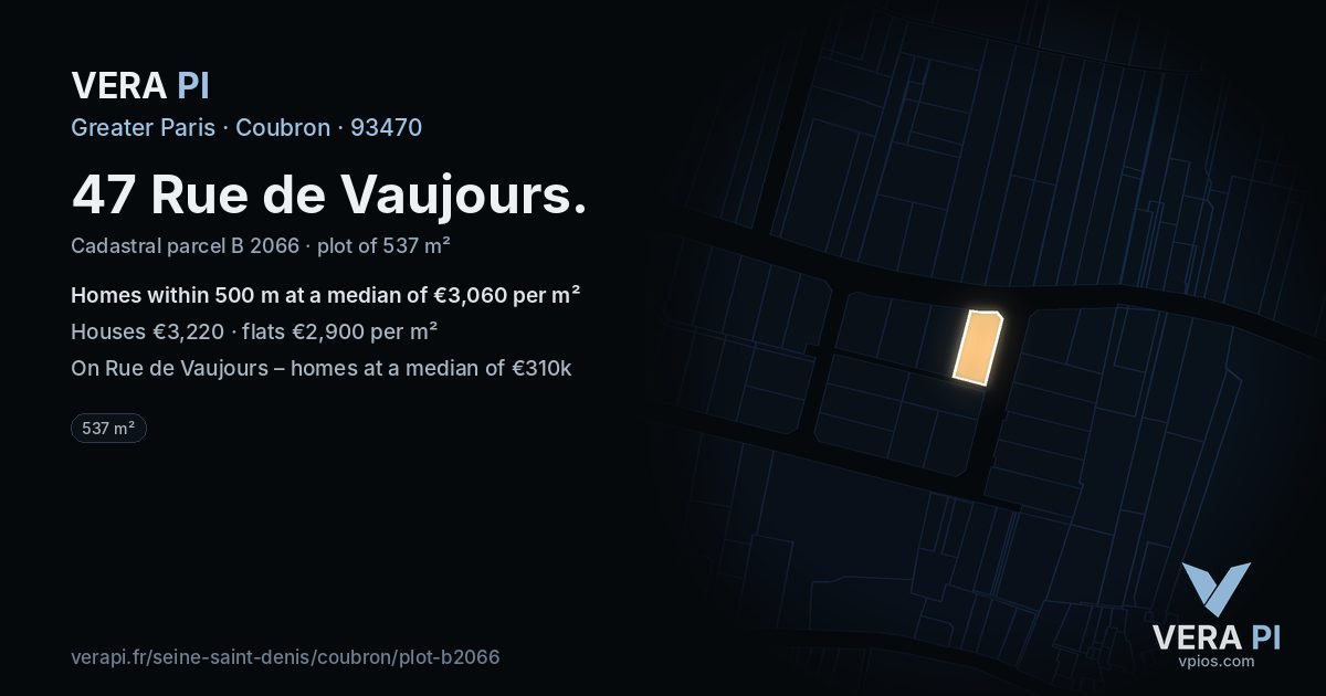 47 Rue de Vaujours, Coubron at night – the plot lit, the parcels around coloured by the prices near them