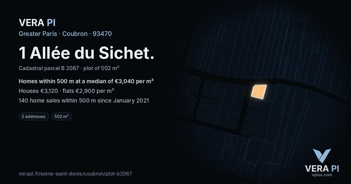 1 Allée du Sichet, Coubron at night – the plot lit, the parcels around coloured by the prices near them