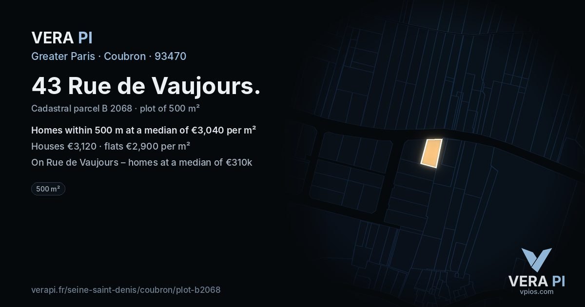 43 Rue de Vaujours, Coubron at night – the plot lit, the parcels around coloured by the prices near them