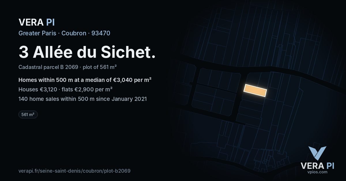 3 Allée du Sichet, Coubron at night – the plot lit, the parcels around coloured by the prices near them