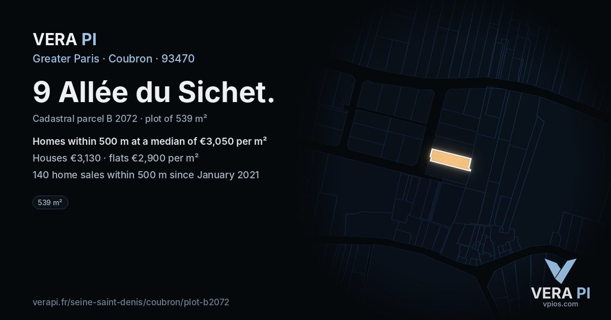 9 Allée du Sichet, Coubron at night – the plot lit, the parcels around coloured by the prices near them