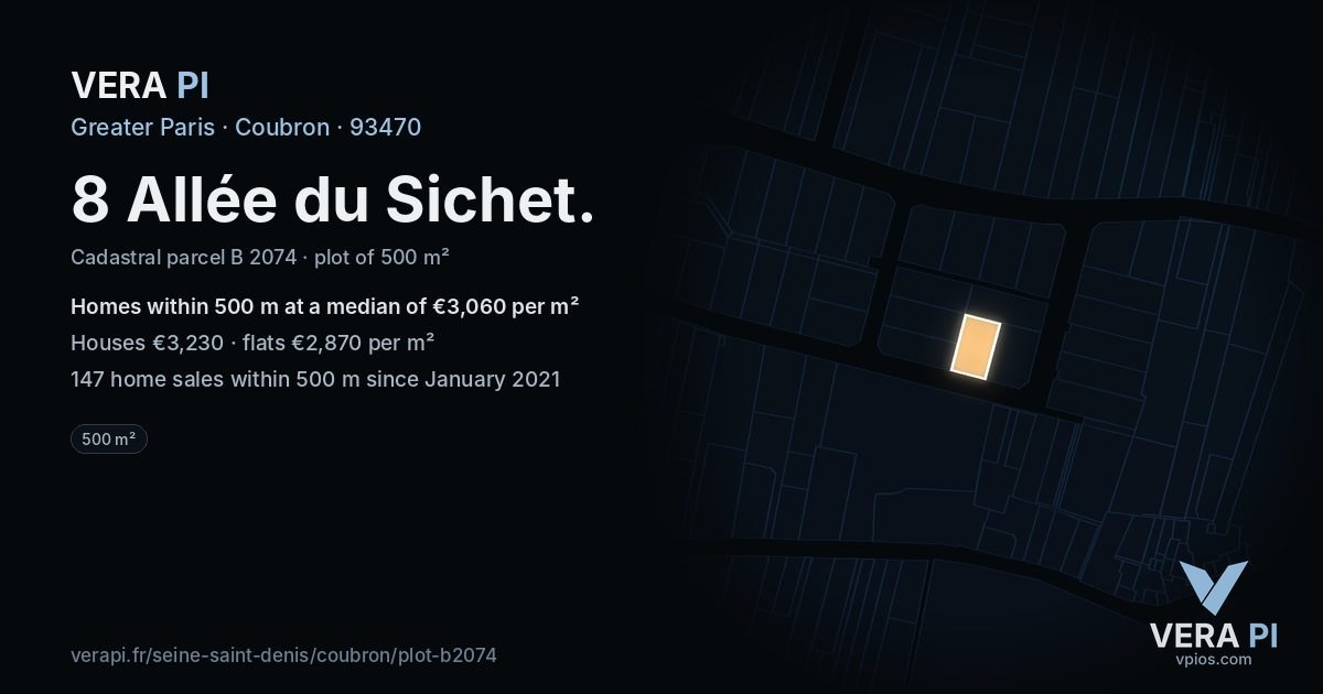 8 Allée du Sichet, Coubron at night – the plot lit, the parcels around coloured by the prices near them