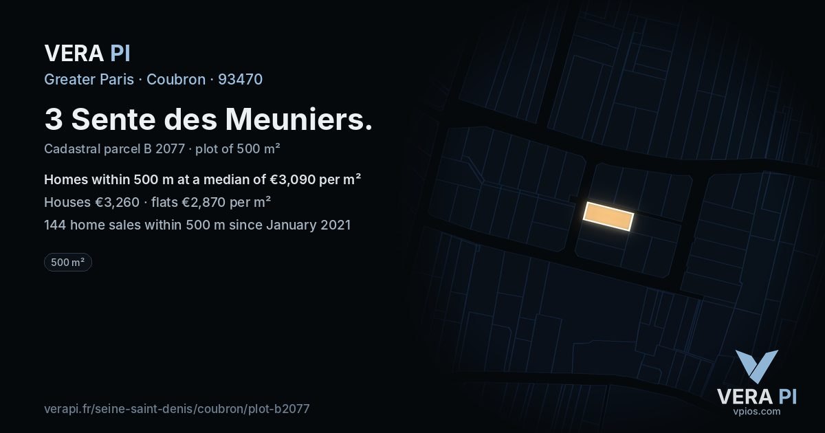 3 Sente des Meuniers, Coubron at night – the plot lit, the parcels around coloured by the prices near them