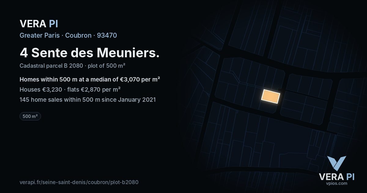 4 Sente des Meuniers, Coubron at night – the plot lit, the parcels around coloured by the prices near them