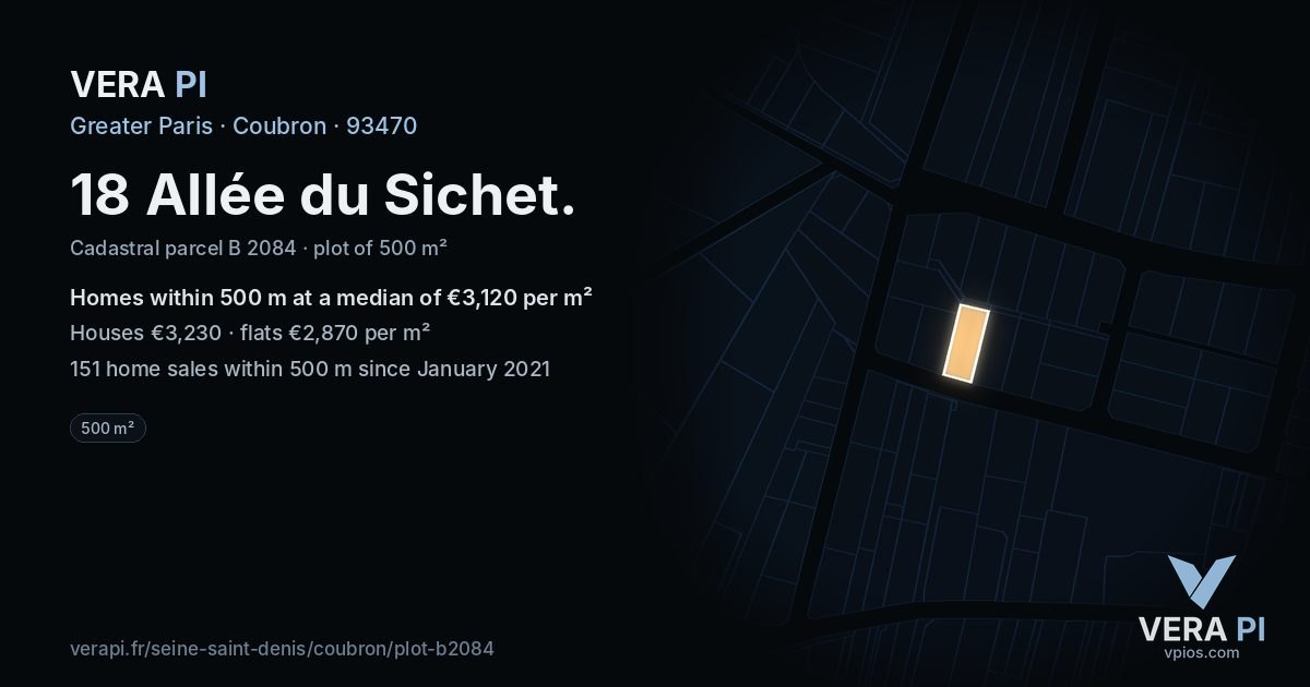 18 Allée du Sichet, Coubron at night – the plot lit, the parcels around coloured by the prices near them