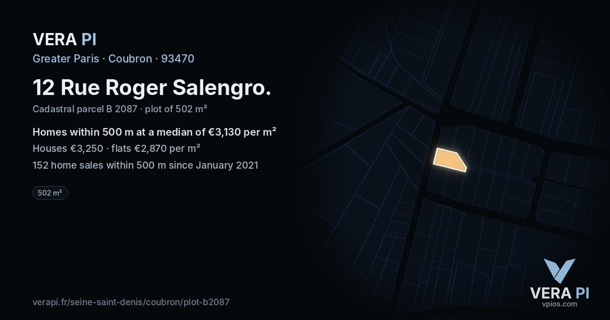 12 Rue Roger Salengro, Coubron at night – the plot lit, the parcels around coloured by the prices near them