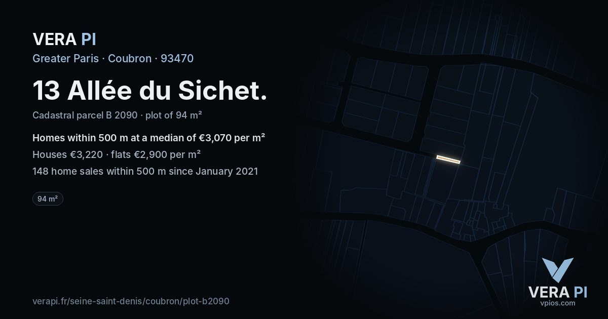13 Allée du Sichet, Coubron at night – the plot lit, the parcels around coloured by the prices near them
