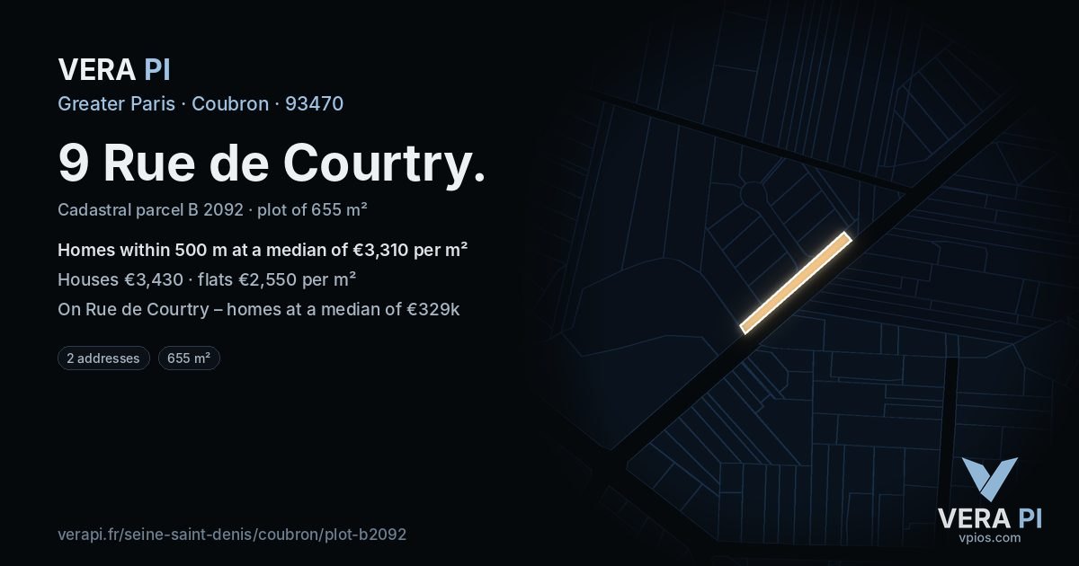 9 Rue de Courtry, Coubron at night – the plot lit, the parcels around coloured by the prices near them