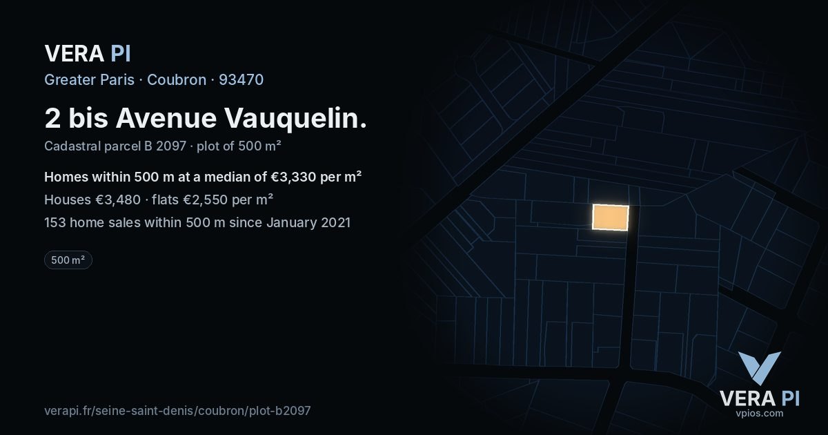 2 bis Avenue Vauquelin, Coubron at night – the plot lit, the parcels around coloured by the prices near them