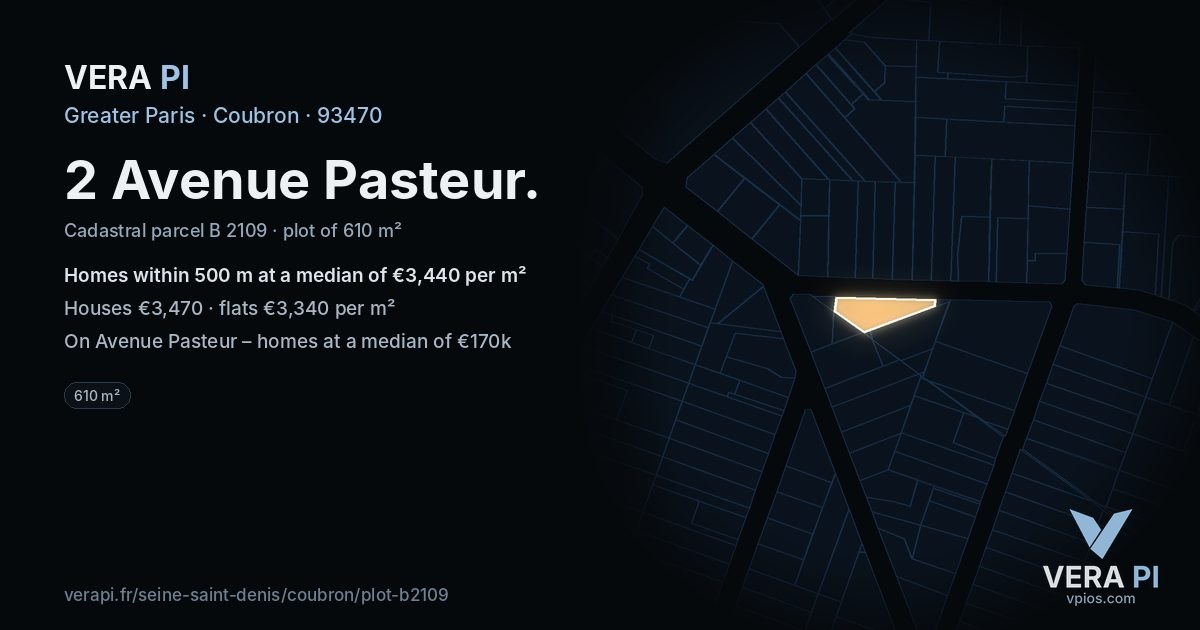 2 Avenue Pasteur, Coubron at night – the plot lit, the parcels around coloured by the prices near them