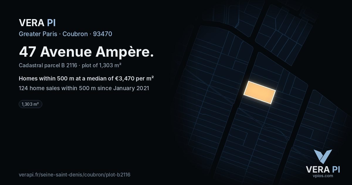 47 Avenue Ampère, Coubron at night – the plot lit, the parcels around coloured by the prices near them