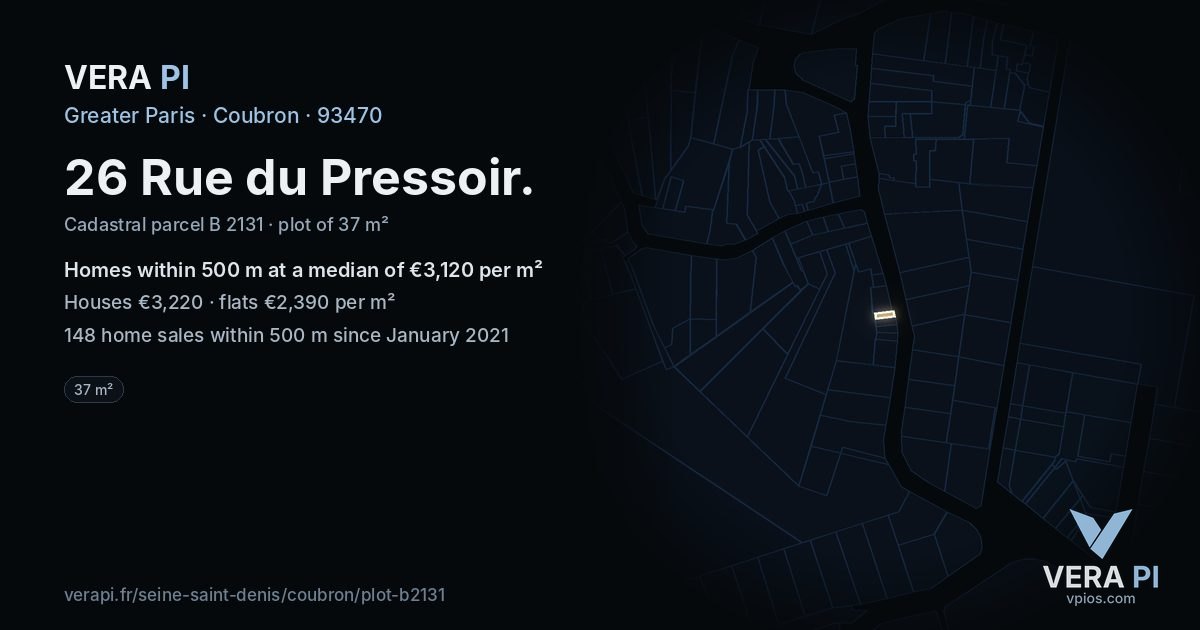 26 Rue du Pressoir, Coubron at night – the plot lit, the parcels around coloured by the prices near them