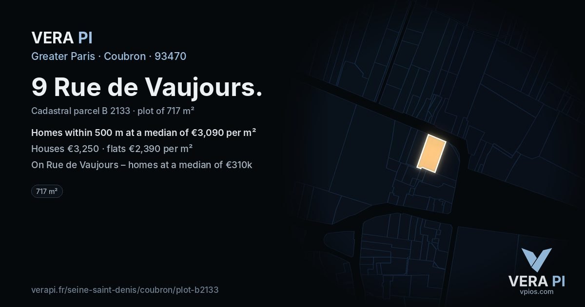 9 Rue de Vaujours, Coubron at night – the plot lit, the parcels around coloured by the prices near them