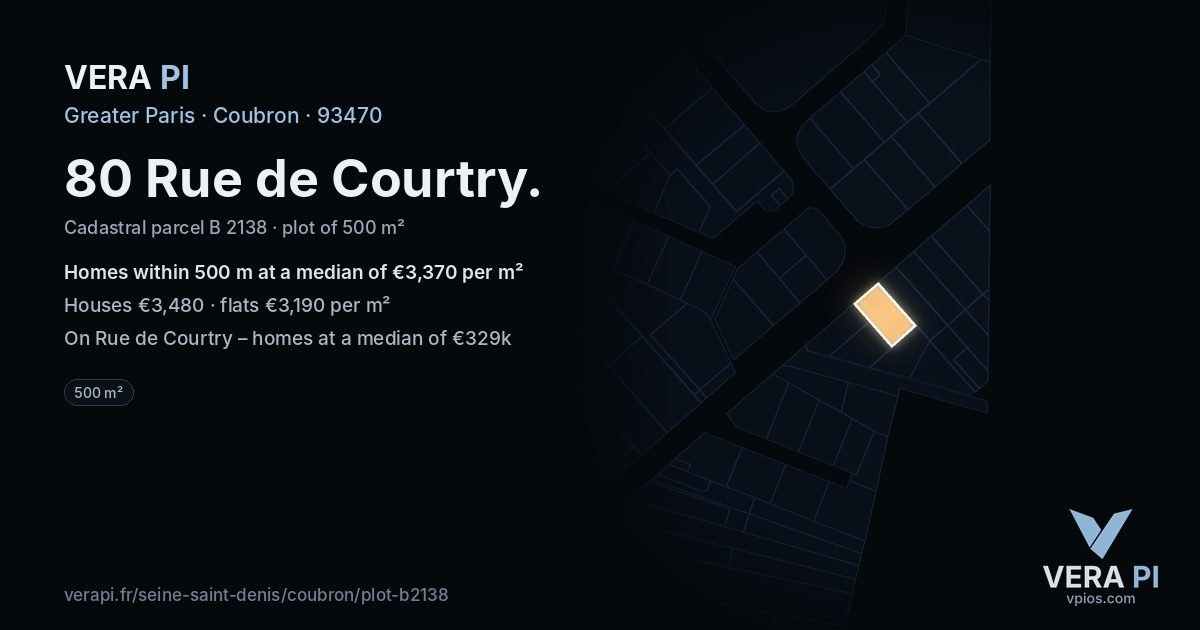 80 Rue de Courtry, Coubron at night – the plot lit, the parcels around coloured by the prices near them