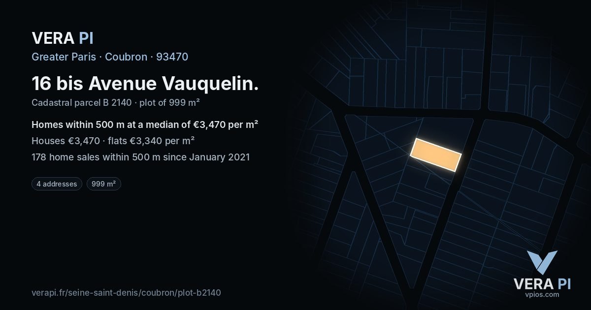 16 bis Avenue Vauquelin, Coubron at night – the plot lit, the parcels around coloured by the prices near them
