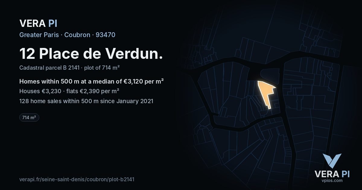 12 Place de Verdun, Coubron at night – the plot lit, the parcels around coloured by the prices near them