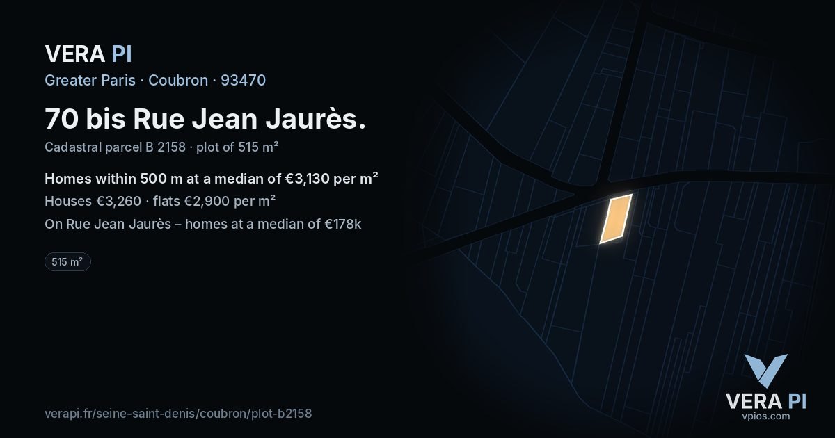 70 bis Rue Jean Jaurès, Coubron at night – the plot lit, the parcels around coloured by the prices near them