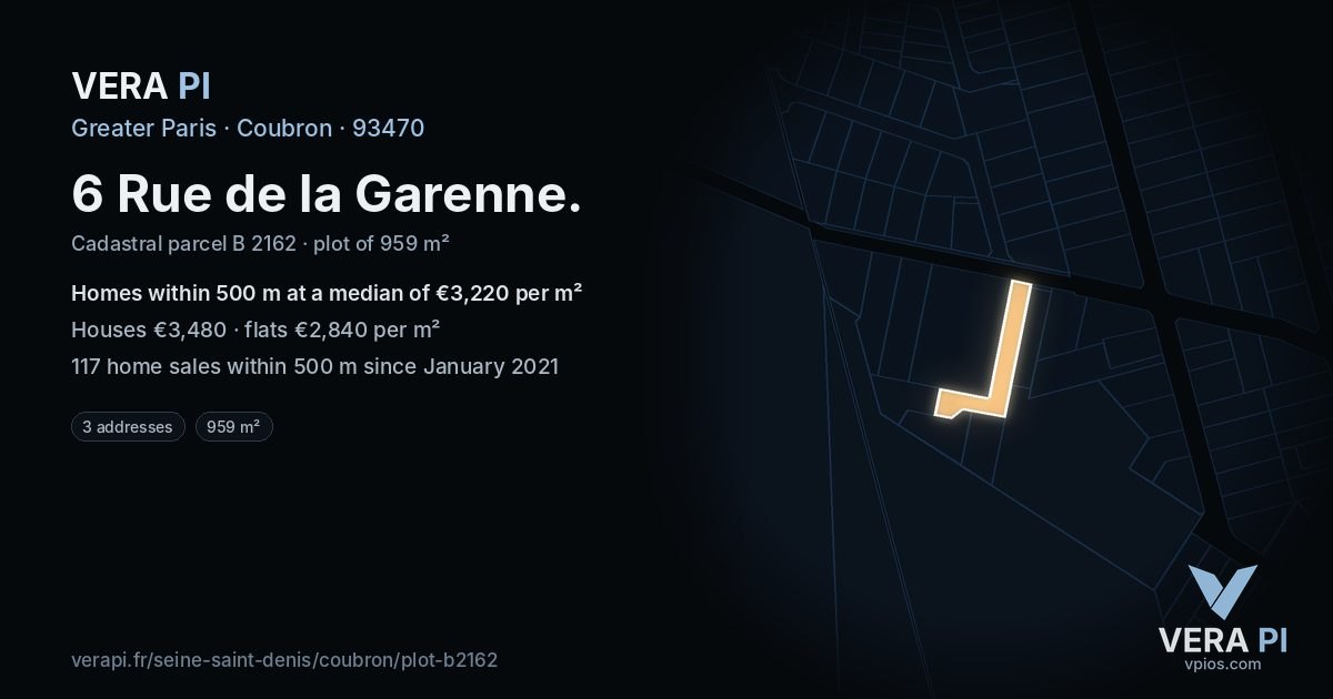 6 Rue de la Garenne, Coubron at night – the plot lit, the parcels around coloured by the prices near them