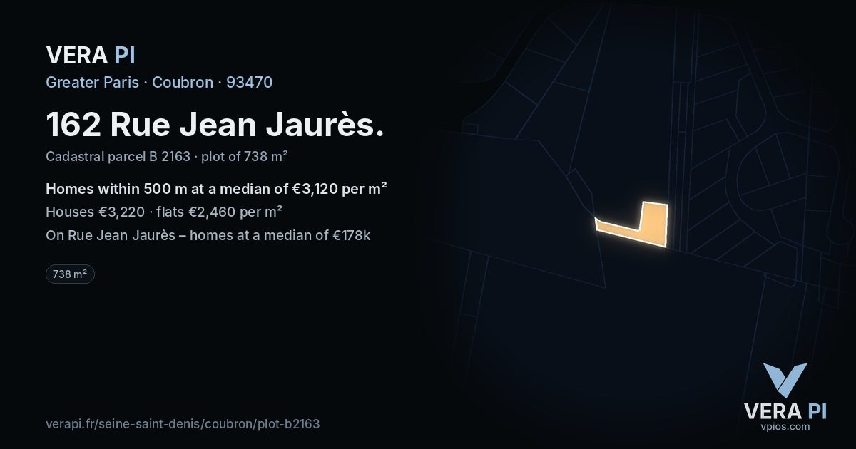 162 Rue Jean Jaurès, Coubron at night – the plot lit, the parcels around coloured by the prices near them