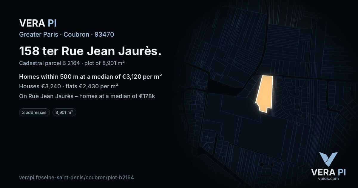 158 ter Rue Jean Jaurès, Coubron at night – the plot lit, the parcels around coloured by the prices near them