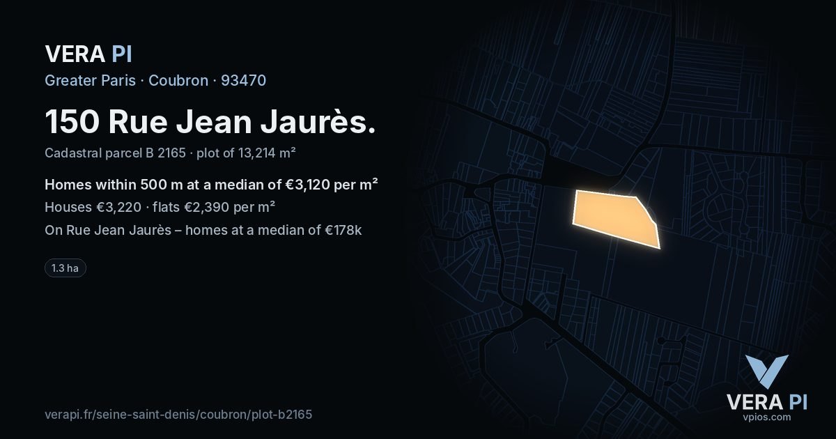 150 Rue Jean Jaurès, Coubron at night – the plot lit, the parcels around coloured by the prices near them