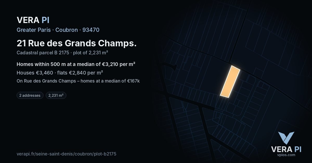 21 Rue des Grands Champs, Coubron at night – the plot lit, the parcels around coloured by the prices near them