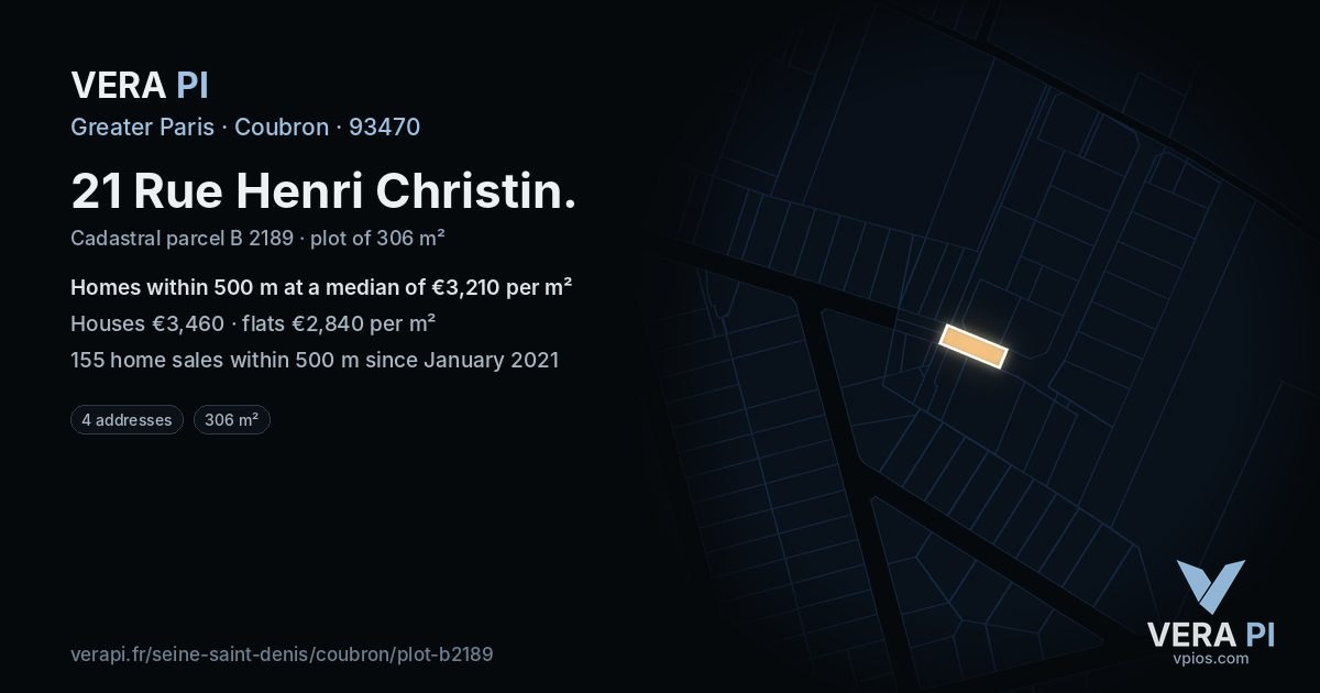 21 Rue Henri Christin, Coubron at night – the plot lit, the parcels around coloured by the prices near them
