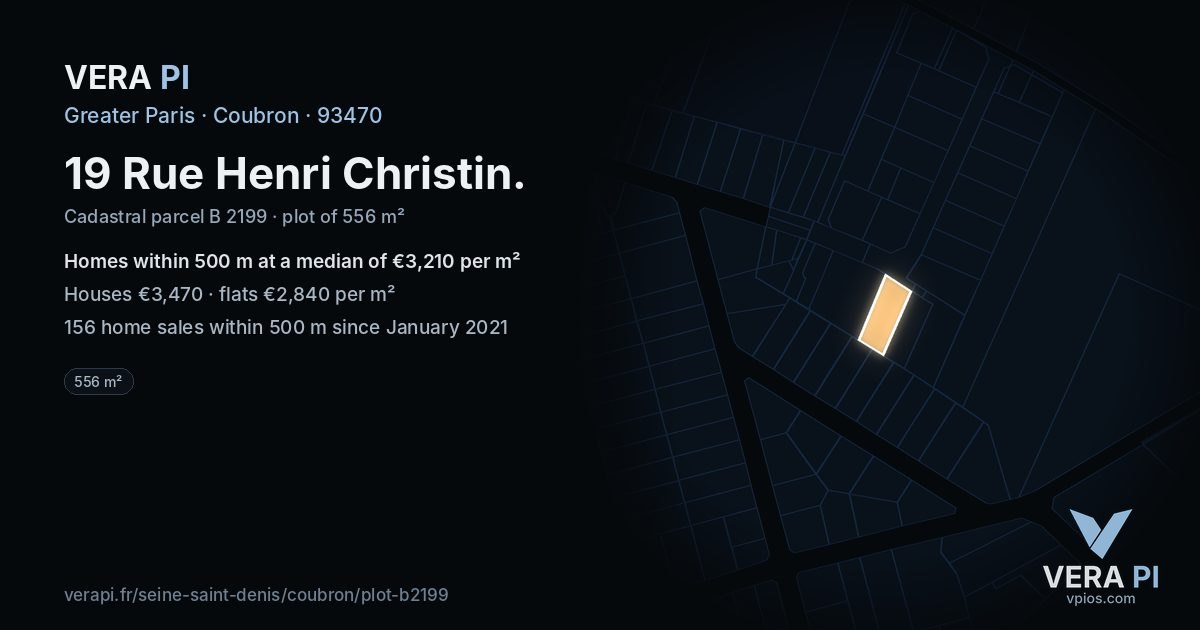 19 Rue Henri Christin, Coubron at night – the plot lit, the parcels around coloured by the prices near them