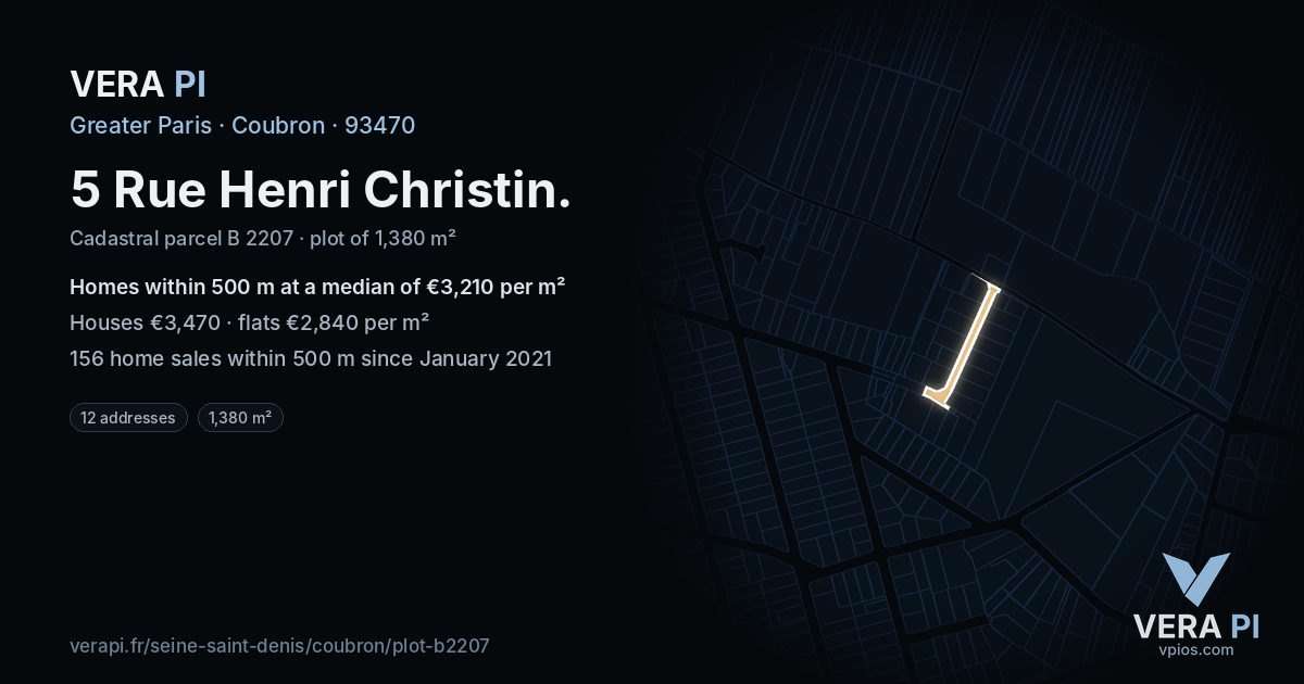 5 Rue Henri Christin, Coubron at night – the plot lit, the parcels around coloured by the prices near them