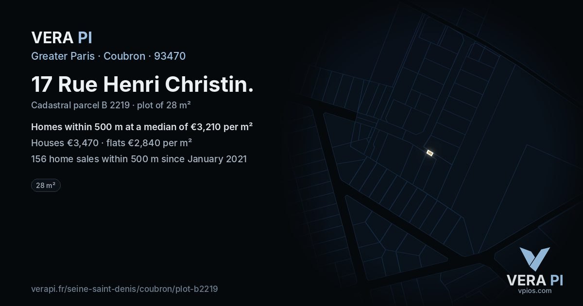 17 Rue Henri Christin, Coubron at night – the plot lit, the parcels around coloured by the prices near them