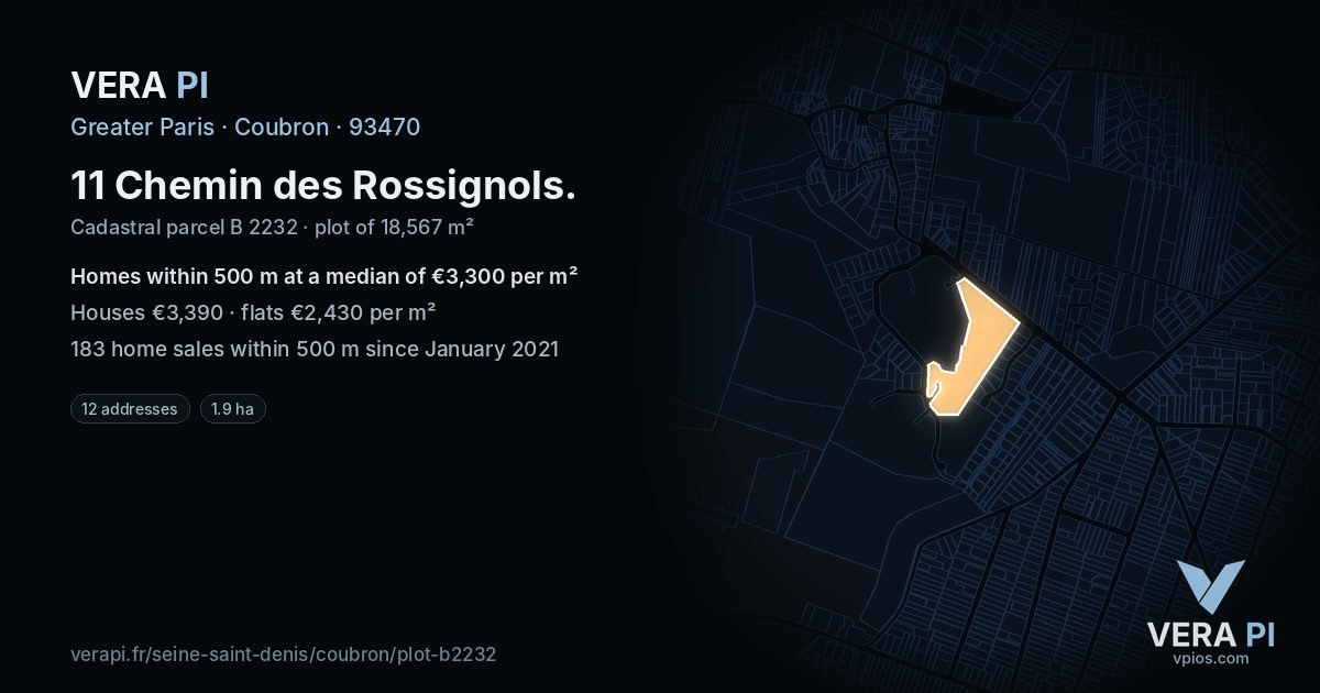 11 Chemin des Rossignols, Coubron at night – the plot lit, the parcels around coloured by the prices near them