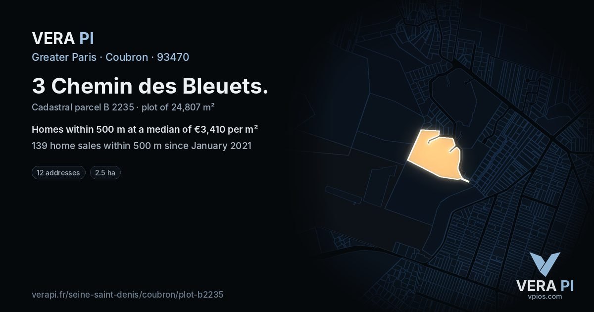 3 Chemin des Bleuets, Coubron at night – the plot lit, the parcels around coloured by the prices near them