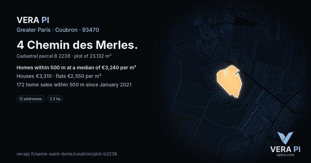 4 Chemin des Merles, Coubron at night – the plot lit, the parcels around coloured by the prices near them