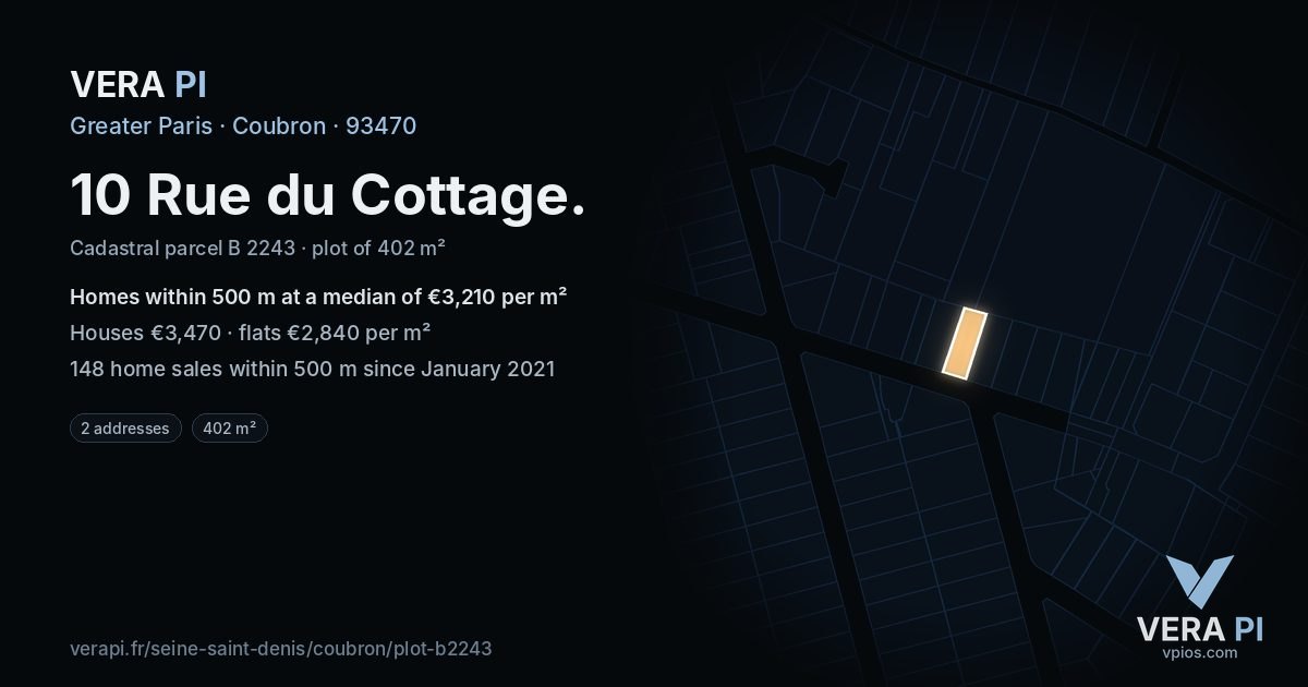 10 Rue du Cottage, Coubron at night – the plot lit, the parcels around coloured by the prices near them