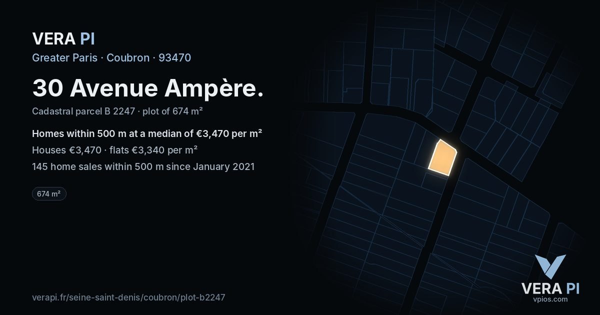 30 Avenue Ampère, Coubron at night – the plot lit, the parcels around coloured by the prices near them