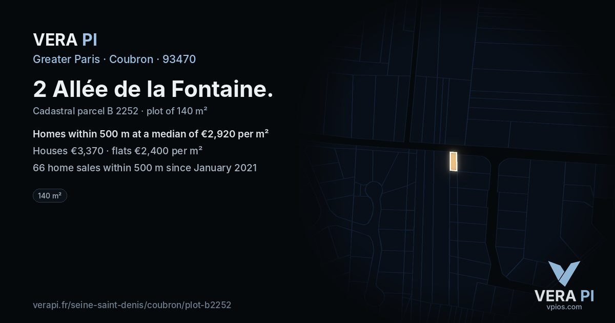 2 Allée de la Fontaine, Coubron at night – the plot lit, the parcels around coloured by the prices near them