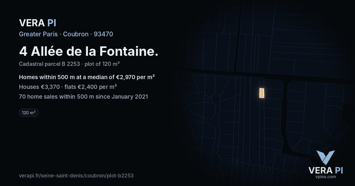 4 Allée de la Fontaine, Coubron at night – the plot lit, the parcels around coloured by the prices near them
