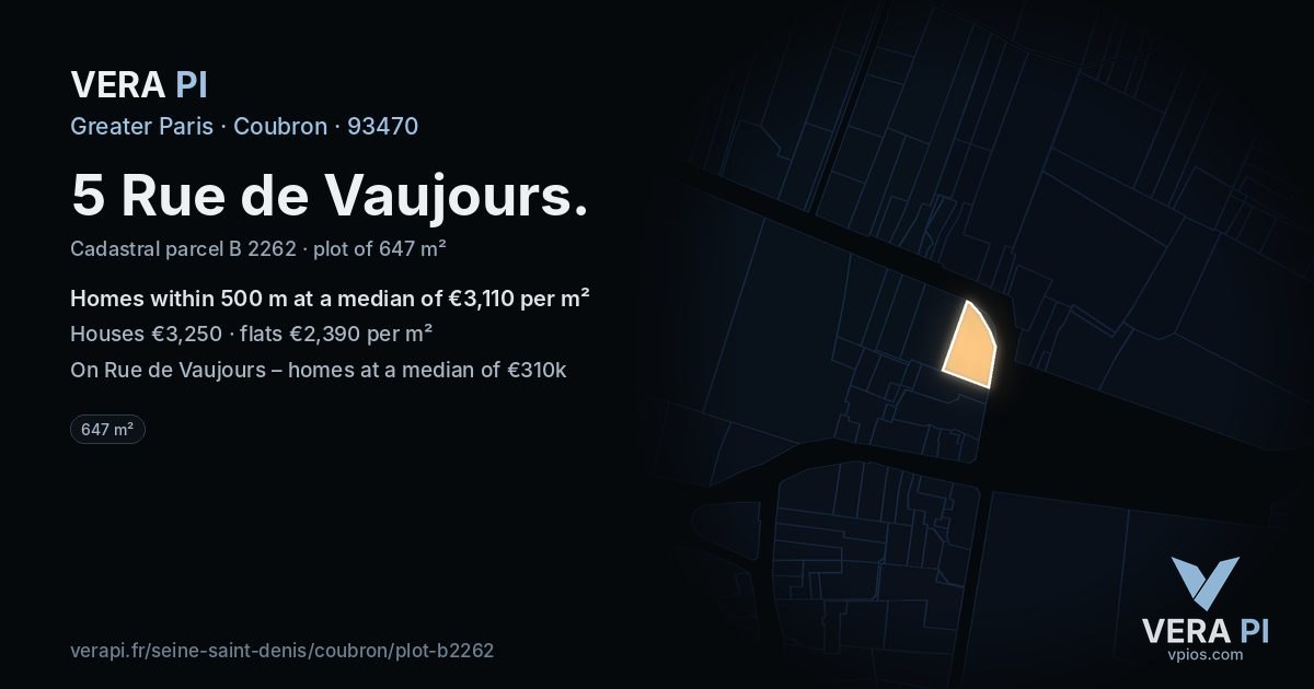 5 Rue de Vaujours, Coubron at night – the plot lit, the parcels around coloured by the prices near them