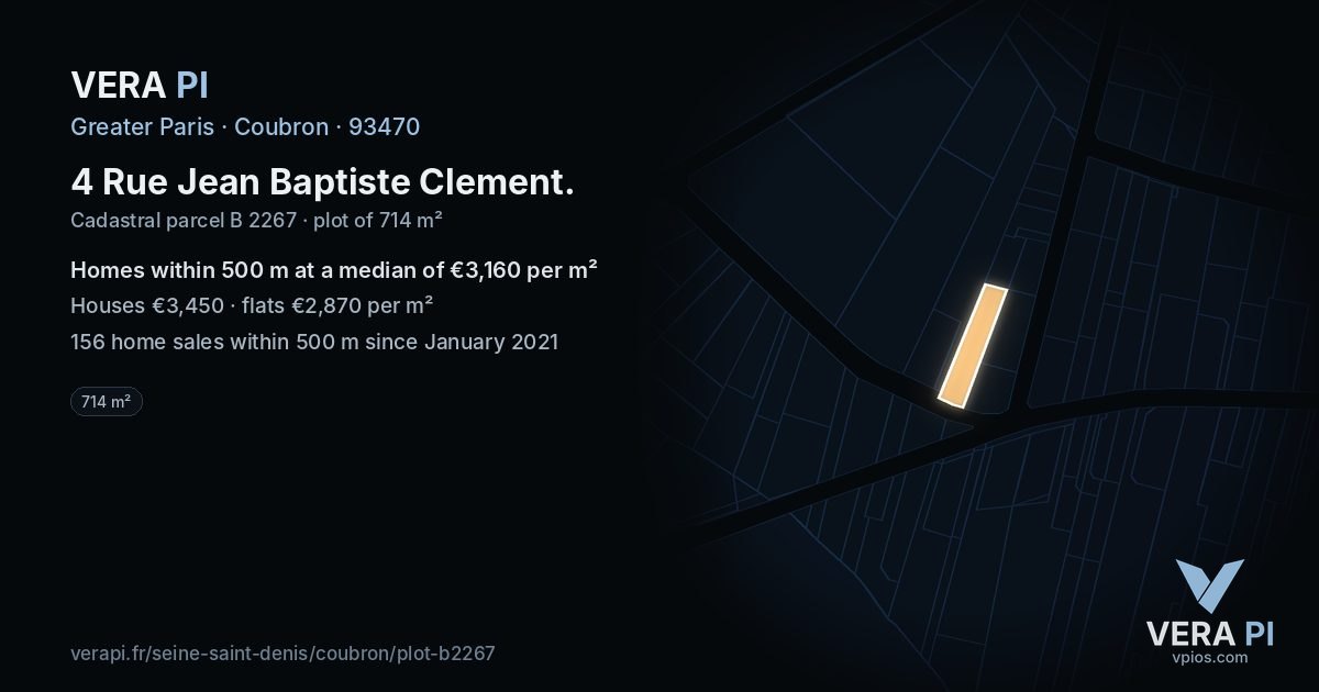 4 Rue Jean Baptiste Clement, Coubron at night – the plot lit, the parcels around coloured by the prices near them