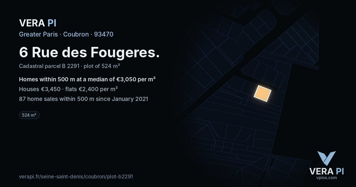 6 Rue des Fougeres, Coubron at night – the plot lit, the parcels around coloured by the prices near them